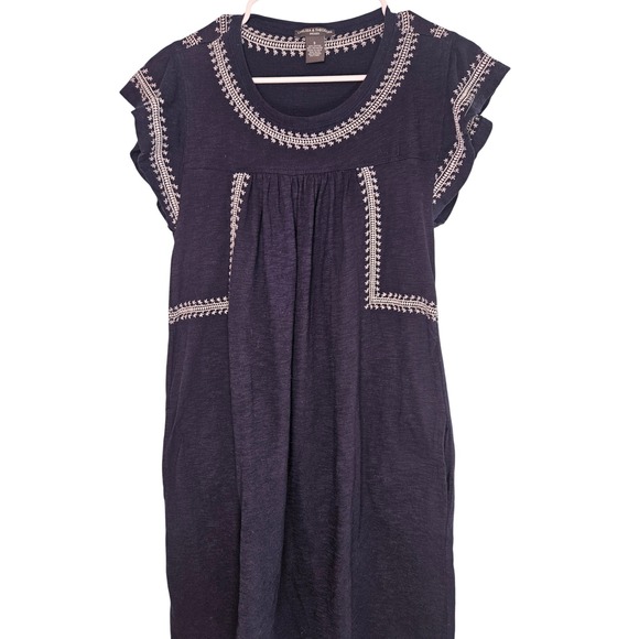 Chelsea & Theodore Navy Blue Embroidered Boho Shift Dress S Cap Sleeve Pocket - Picture 8 of 8